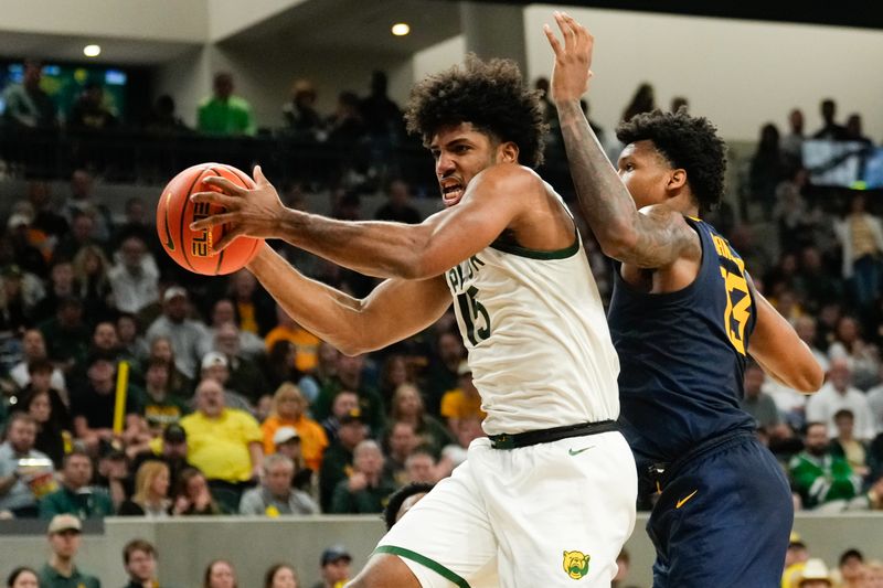 Feb 15, 2025; Waco, Texas, USA;  Baylor Bears forward Norchad Omier (15) grabs a rebound against West Virginia Mountaineers forward Amani Hansberry (13) during the first half at Paul and Alejandra Foster Pavilion. Mandatory Credit: Chris Jones-Imagn Images