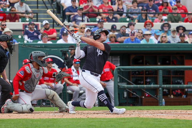 Feb 27, 2025; Lakeland, Florida, USA; Detroit Tigers outfielder Kerry Carpenter (30) bats during the third inning against the Boston Red Sox at Publix Field at Joker Marchant Stadium. Mandatory Credit: Mike Watters-Imagn Images