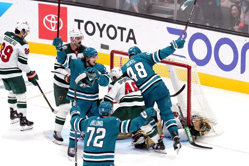 Mar 11, 2023; San Jose, California, USA; San Jose Sharks center Tomas Hertl (48) reacts after scoring a goal against the Minnesota Wild during the third period at SAP Center at San Jose. Mandatory Credit: Darren Yamashita-USA TODAY Sports