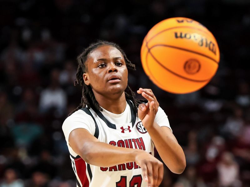 Nov 24, 2023; Columbia, South Carolina, USA; South Carolina Gamecocks guard MiLaysia Fulwiley (12) passes against the Mississippi Valley State Devilettes in the first half at Colonial Life Arena. Mandatory Credit: Jeff Blake-USA TODAY Sports