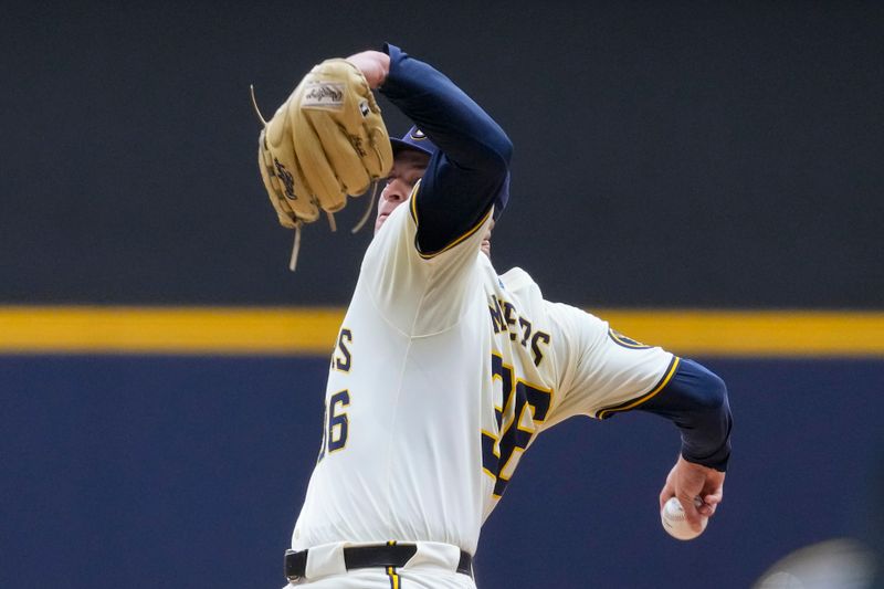 Sep 19, 2024; Milwaukee, Wisconsin, USA;  Milwaukee Brewers pitcher Tobias Myers (36) throws a pitch during the first inning against the Arizona Diamondbacks at American Family Field. Mandatory Credit: Jeff Hanisch-Imagn Images