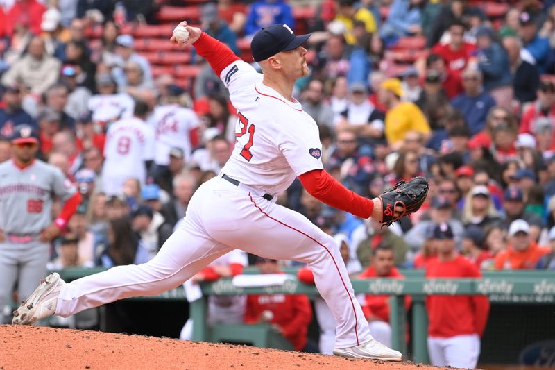 May 12, 2024; Boston, Massachusetts, USA;  Boston Red Sox pitcher Cam Booser (71) pitches against the Washington Nationals during the sixth inning at Fenway Park. Mandatory Credit: Eric Canha-USA TODAY Sports