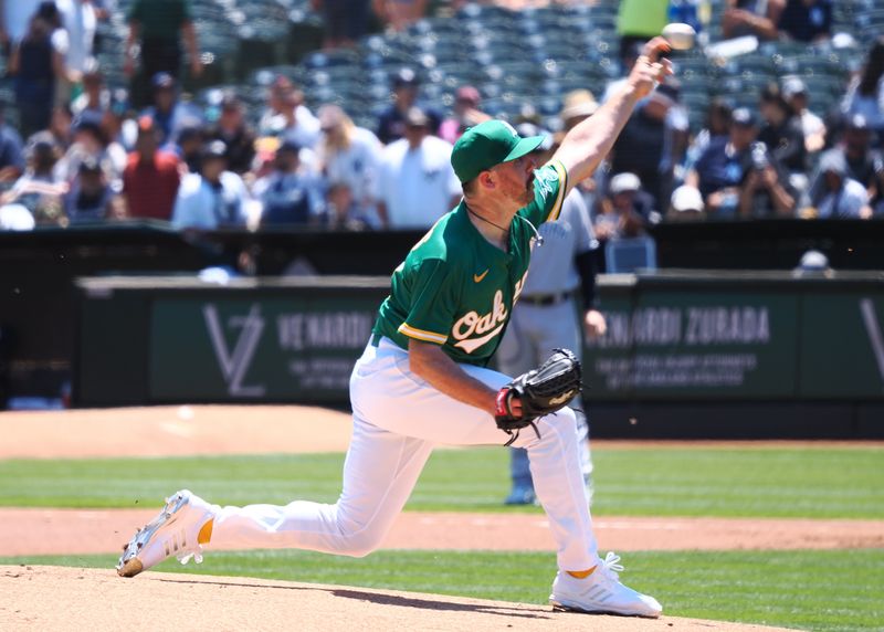 Jun 29, 2023; Oakland, California, USA; Oakland Athletics starting pitcher Hogan Harris (63) pitches the ball against the New York Yankees during the first inning at Oakland-Alameda County Coliseum. Mandatory Credit: Kelley L Cox-USA TODAY Sports