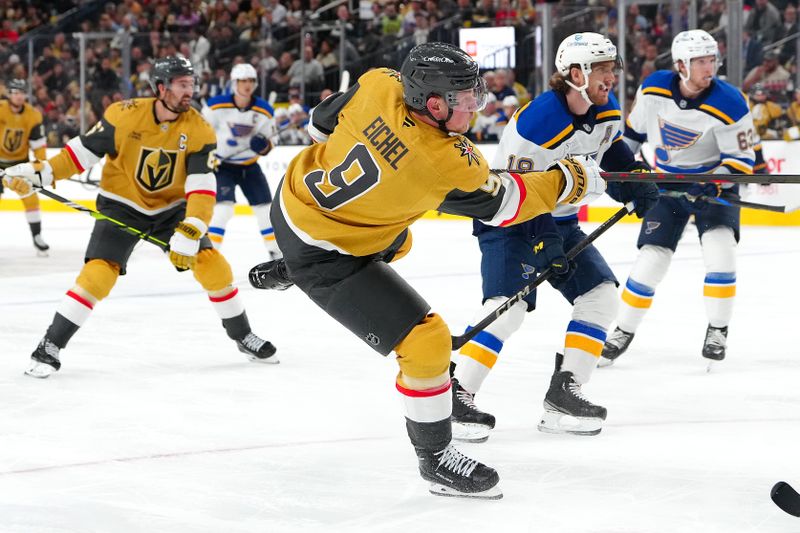 Oct 11, 2024; Las Vegas, Nevada, USA; Vegas Golden Knights center Jack Eichel (9) shoots against the St. Louis Blues during the second period at T-Mobile Arena. Mandatory Credit: Stephen R. Sylvanie-Imagn Images