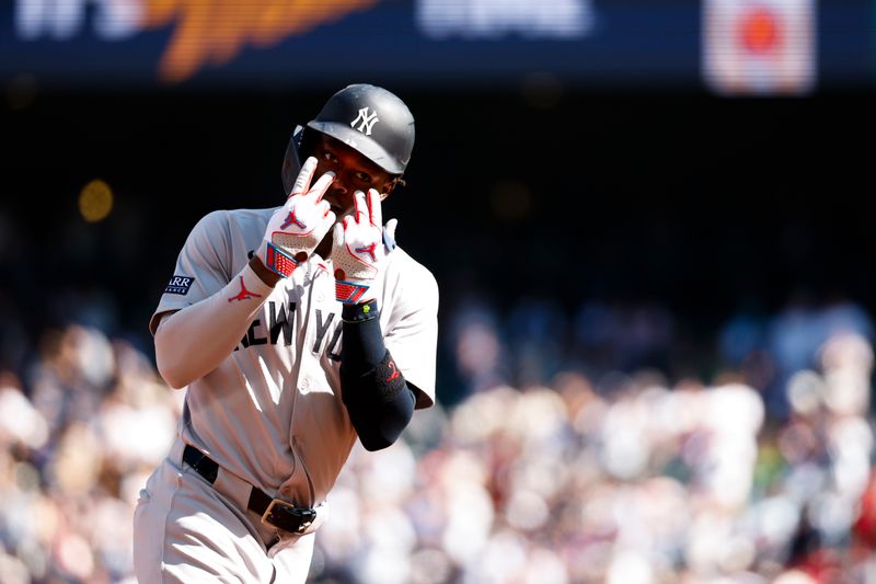 Sep 19, 2024; Seattle, Washington, USA; New York Yankees third baseman Jazz Chisholm Jr. (13) runs the bases after hitting a two-run home run against the Seattle Mariners during the third inning at T-Mobile Park. Mandatory Credit: Joe Nicholson-Imagn Images