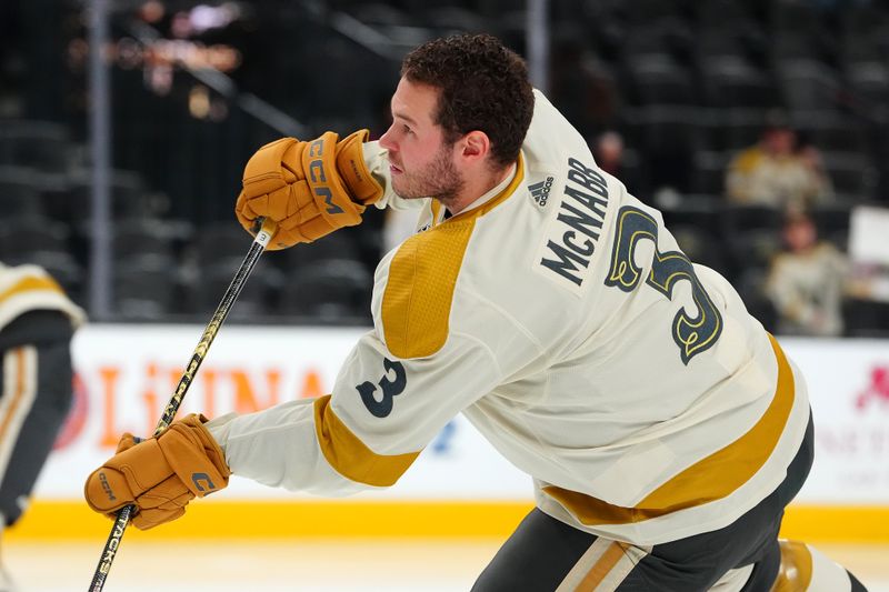 Jan 13, 2024; Las Vegas, Nevada, USA; Vegas Golden Knights defenseman Brayden McNabb (3) warms up before a game against the Calgary Flames at T-Mobile Arena. Mandatory Credit: Stephen R. Sylvanie-USA TODAY Sports