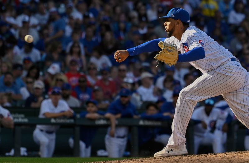 Sep 23, 2023; Chicago, Illinois, USA; Chicago Cubs relief pitcher Jose Cuas (74) pitches during the ninth inning against the Colorado Rockies at Wrigley Field. Mandatory Credit: Matt Marton-USA TODAY Sports