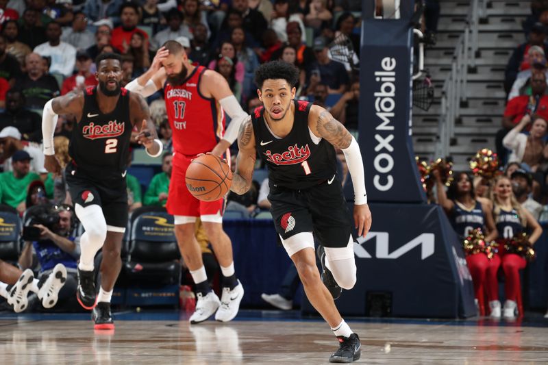 NEW ORLEANS, LA - MARCH 16: Anfernee Simons #1 of the Portland Trail Blazers dribbles the ball during the game against the New Orleans Pelicans on March 16, 2024 at the Smoothie King Center in New Orleans, Louisiana. NOTE TO USER: User expressly acknowledges and agrees that, by downloading and or using this Photograph, user is consenting to the terms and conditions of the Getty Images License Agreement. Mandatory Copyright Notice: Copyright 2024 NBAE (Photo by Layne Murdoch Jr./NBAE via Getty Images)