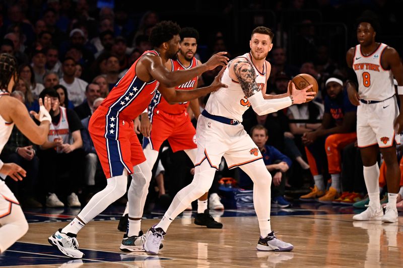 NEW YORK, NY - APRIL 20: Isaiah Hartenstein #55 of the New York Knicks handles the ball during the game against the Philadelphia 76ers during Round 1 Game 1 of the 2024 NBA Playoffs on April 20, 2024 at Madison Square Garden in New York City, New York.  NOTE TO USER: User expressly acknowledges and agrees that, by downloading and or using this photograph, User is consenting to the terms and conditions of the Getty Images License Agreement. Mandatory Copyright Notice: Copyright 2024 NBAE  (Photo David Dow/NBAE via Getty Images)