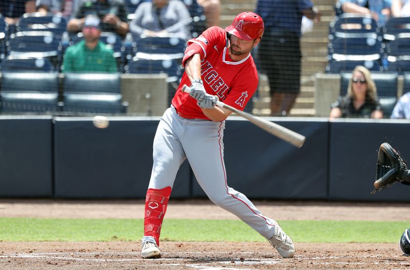 Apr 10, 2025; Tampa, Fl, USA; Los Angeles Angels first base Nolan Schanuel (18) hits a RBI double against the Tampa Bay Rays during the second inning at George M. Steinbrenner Field. Mandatory Credit: Kim Klement Neitzel-Imagn Images