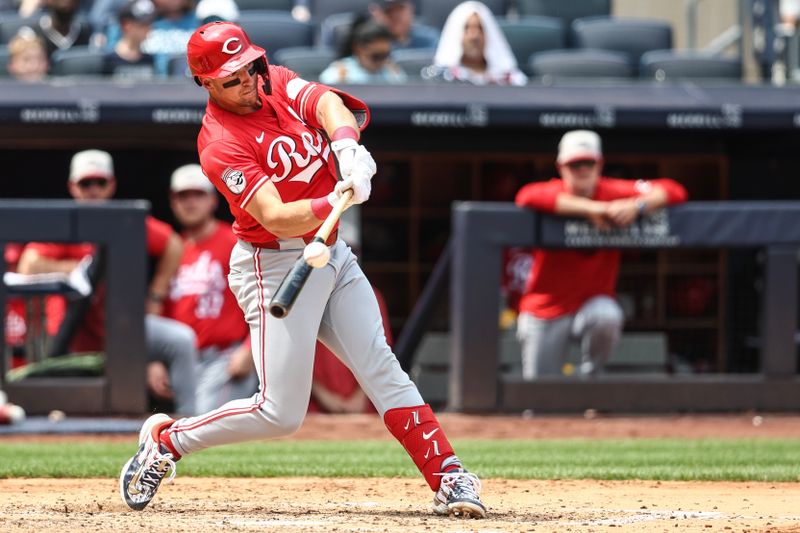 Jul 4, 2024; Bronx, New York, USA; Cincinnati Reds first baseman Spencer Steer (7) hits a three run home run in the fifth inning against the New York Yankees at Yankee Stadium. Mandatory Credit: Wendell Cruz-USA TODAY Sports