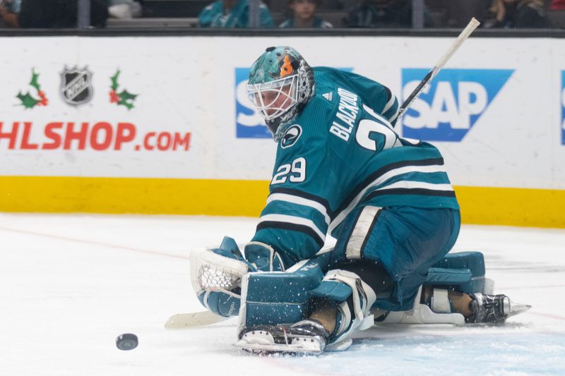 Dec 21, 2023; San Jose, California, USA; San Jose Sharks goaltender Mackenzie Blackwood (29) defends the goal during the third period against the Arizona Coyotes at SAP Center at San Jose. Mandatory Credit: Stan Szeto-USA TODAY Sports