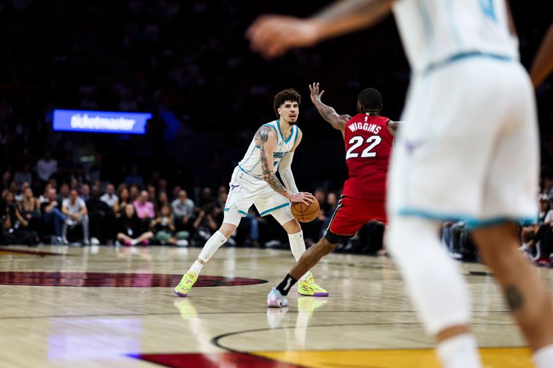 MIAMI, FLORIDA - MARCH 10: LaMelo Ball #1 of the Charlotte Hornets looks to pass during the fourth quarter against the Miami Heat at Kaseya Center on March 10, 2025 in Miami, Florida. NOTE TO USER: User expressly acknowledges and agrees that, by downloading and or using this photograph, User is consenting to the terms and conditions of the Getty Images License Agreement. (Photo by Brennan Asplen/Getty Images)