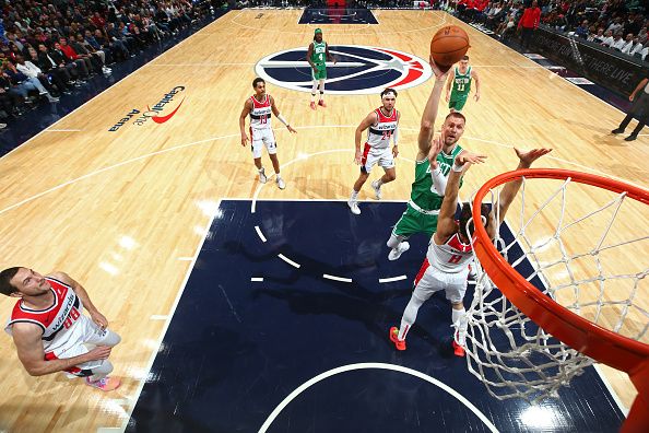 WASHINGTON, DC -? OCTOBER 30: Kristaps Porzingis #8 of the Boston Celtics shoots the ball during the game against the Washington Wizards on October 30, 2023 at Capital One Arena in Washington, DC. NOTE TO USER: User expressly acknowledges and agrees that, by downloading and or using this Photograph, user is consenting to the terms and conditions of the Getty Images License Agreement. Mandatory Copyright Notice: Copyright 2023 NBAE (Photo by Stephen Gosling/NBAE via Getty Images)