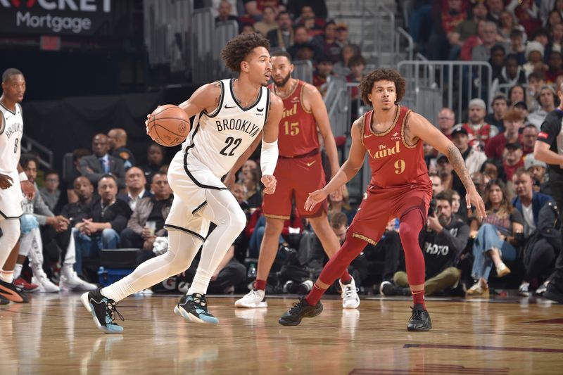 CLEVELAND, OH - MARCH 10: Jalen Wilson #22 of the Brooklyn Nets dribbles the ball during the game against the Cleveland Cavaliers on March 10, 2024 at Rocket Mortgage FieldHouse in Cleveland, Ohio. NOTE TO USER: User expressly acknowledges and agrees that, by downloading and/or using this Photograph, user is consenting to the terms and conditions of the Getty Images License Agreement. Mandatory Copyright Notice: Copyright 2024 NBAE (Photo by David Liam Kyle/NBAE via Getty Images)