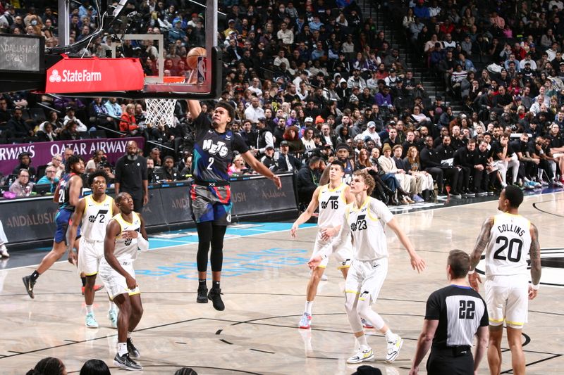 BROOKLYN, NY - JANUARY 29: Cameron Johnson #2 of the Brooklyn Nets drives to the basket during the game against the Utah Jazz on January 29, 2024 at Barclays Center in Brooklyn, New York. NOTE TO USER: User expressly acknowledges and agrees that, by downloading and or using this Photograph, user is consenting to the terms and conditions of the Getty Images License Agreement. Mandatory Copyright Notice: Copyright 2024 NBAE (Photo by David L. Nemec/NBAE via Getty Images)