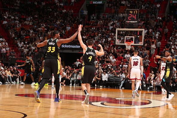 MIAMI, FL - DECEMBER 2: The Indiana Pacers celebrate during the game against the Miami Heat on December 2, 2023 at Kaseya Center in Miami, Florida. NOTE TO USER: User expressly acknowledges and agrees that, by downloading and or using this Photograph, user is consenting to the terms and conditions of the Getty Images License Agreement. Mandatory Copyright Notice: Copyright 2023 NBAE (Photo by Issac Baldizon/NBAE via Getty Images)