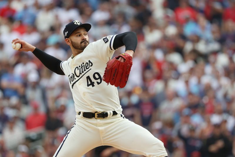 Oct 3, 2023; Minneapolis, Minnesota, USA; Minnesota Twins starting pitcher Pablo Lopez (49) throws out a pitch in the first inning against the Toronto Blue Jays during game one of the Wildcard series for the 2023 MLB playoffs at Target Field. Mandatory Credit: Jesse Johnson-USA TODAY Sports