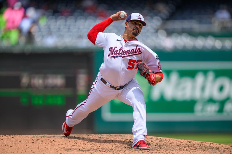 Jul 26, 2023; Washington, District of Columbia, USA; Washington Nationals relief pitcher Andr  s Machado (57) throws a pitch during the ninth inning against the Colorado Rockies at Nationals Park. Mandatory Credit: Reggie Hildred-USA TODAY Sports