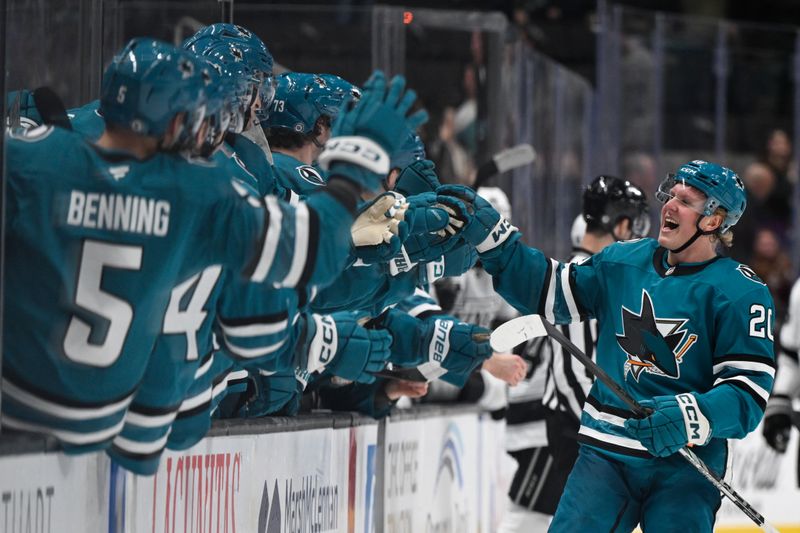 Oct 29, 2024; San Jose, California, USA; San Jose Sharks left wing Fabian Zetterlund (20) celebrates his goal against the Los Angeles Kings in the third period at SAP Center at San Jose. Mandatory Credit: Eakin Howard-Imagn Images