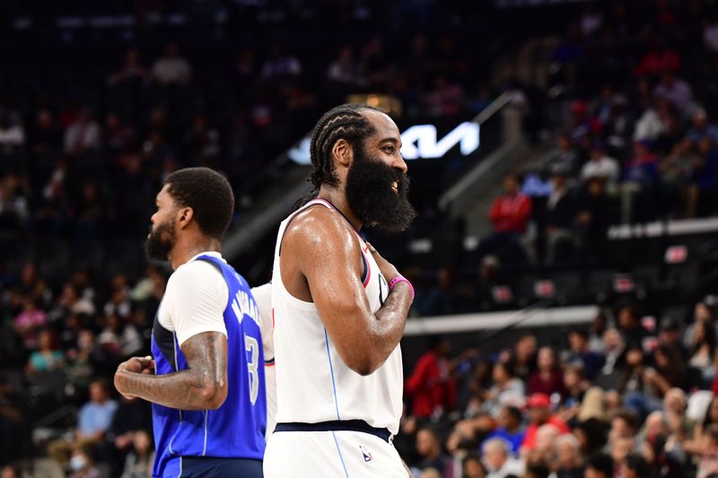 INGLEWOOD, CA - OCTOBER 14: James Harden #1 of the LA Clippers smiles during the game against the Dallas Mavericks during a NBA Preseason game on October 14, 2024 at the Intuit Dome in Inglewood, California. NOTE TO USER: User expressly acknowledges and agrees that, by downloading and/or using this Photograph, user is consenting to the terms and conditions of the Getty Images License Agreement. Mandatory Copyright Notice: Copyright 2024 NBAE (Photo by Adam Pantozzi/NBAE via Getty Images)