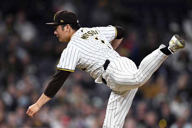 Apr 30, 2024; San Diego, California, USA; San Diego Padres relief pitcher Yuki Matsui (1) throws a pitch against the Cincinnati Reds during the eighth inning at Petco Park. Mandatory Credit: Orlando Ramirez-USA TODAY Sports