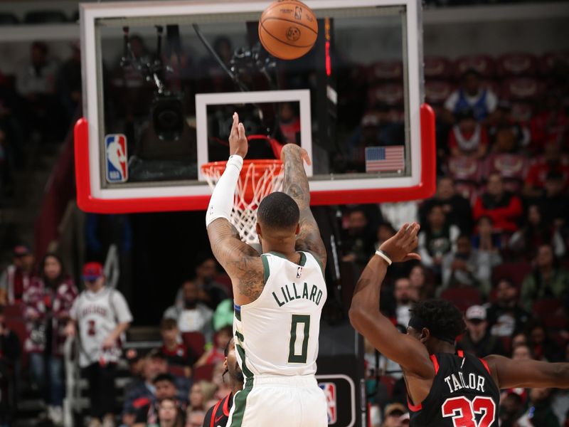 CHICAGO, IL - MARCH 1: Damian Lillard #0 of the Milwaukee Bucks shoots a three point basket during the game against the Chicago Bulls on March 1, 2024 at United Center in Chicago, Illinois. NOTE TO USER: User expressly acknowledges and agrees that, by downloading and or using this photograph, User is consenting to the terms and conditions of the Getty Images License Agreement. Mandatory Copyright Notice: Copyright 2024 NBAE (Photo by Gary Dineen/NBAE via Getty Images)