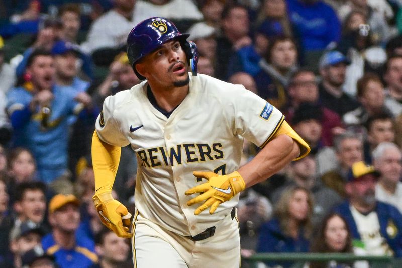 Apr 5, 2024; Milwaukee, Wisconsin, USA; Milwaukee Brewers shortstop Willy Adames (27) runs the bases after hitting a solo home run in the second inning against the Seattle Mariners at American Family Field. Mandatory Credit: Benny Sieu-USA TODAY Sports