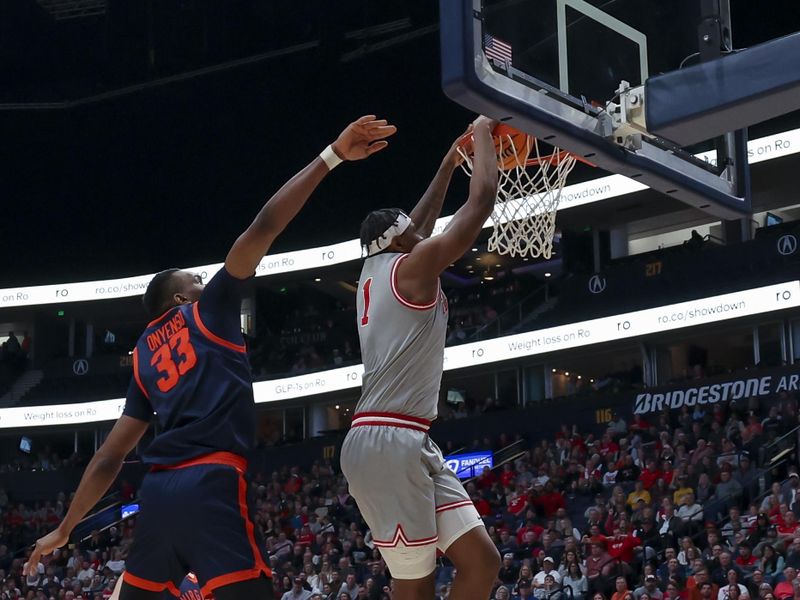 Feb 14, 2026; Nashville, Tennessee, USA;  Ohio State Buckeyes forward Amare Bynum (1) dunks the ball against the Virginia Cavaliers during the first half at Bridgestone Arena. Mandatory Credit: Steve Roberts-Imagn Images