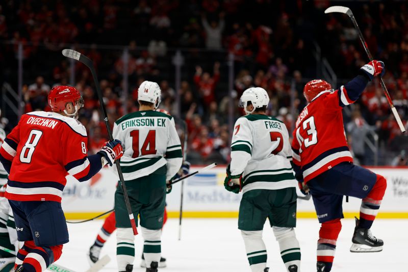 Oct 17, 2025; Washington, District of Columbia, USA; Washington Capitals right wing Tom Wilson (43) celebrates after scoring a goal against the Minnesota Wild during the third period at Capital One Arena. Mandatory Credit: Geoff Burke-Imagn Images