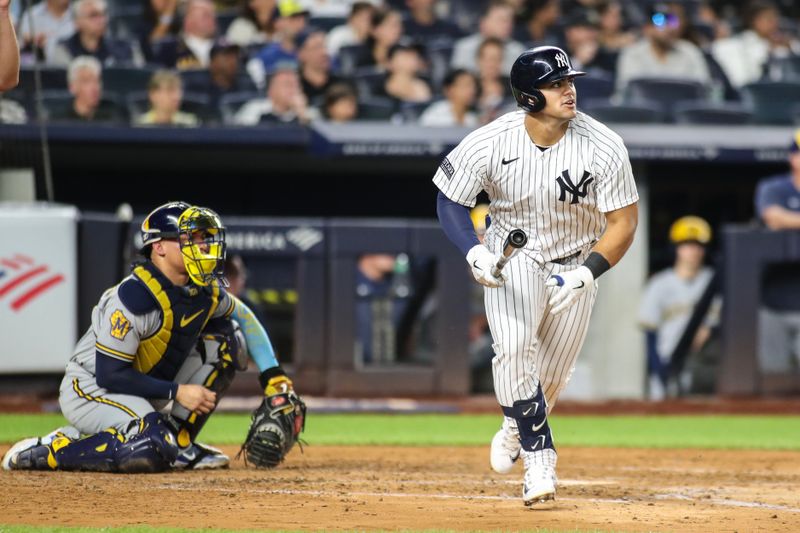 Sep 8, 2023; Bronx, New York, USA;  New York Yankees center fielder Jasson Dominguez (89) hits a two run home run in the third inning against the Milwaukee Brewers at Yankee Stadium. Mandatory Credit: Wendell Cruz-USA TODAY Sports