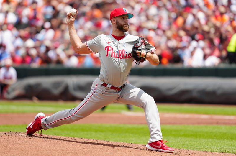 Jun 16, 2024; Baltimore, Maryland, USA; Philadelphia Phillies pitcher Zach Wheeler (45) delivers a pitch against the Baltimore Orioles during the first inning at Oriole Park at Camden Yards. Mandatory Credit: Gregory Fisher-USA TODAY Sports