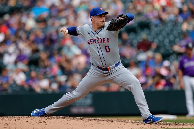 Aug 8, 2024; Denver, Colorado, USA; New York Mets relief pitcher Adam Ottavino (0) pitches in the sixth inning against the Colorado Rockies at Coors Field. Mandatory Credit: Isaiah J. Downing-USA TODAY Sports