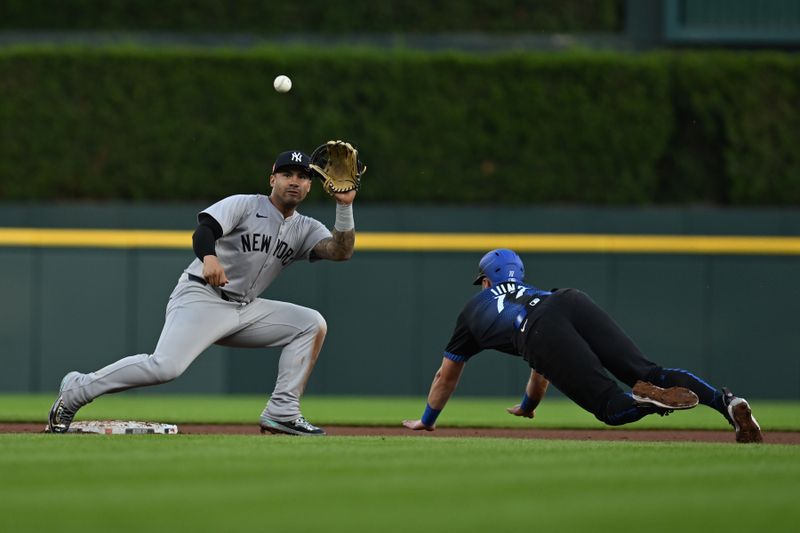 Aug 16, 2024; Detroit, Michigan, USA;  New York Yankees second baseman Gleyber Torres (25) gets ready to tag out Detroit Tigers third baseman Jace Jung (17) who was trying to steal second base in the fourth inning at Comerica Park. Mandatory Credit: Lon Horwedel-USA TODAY Sports