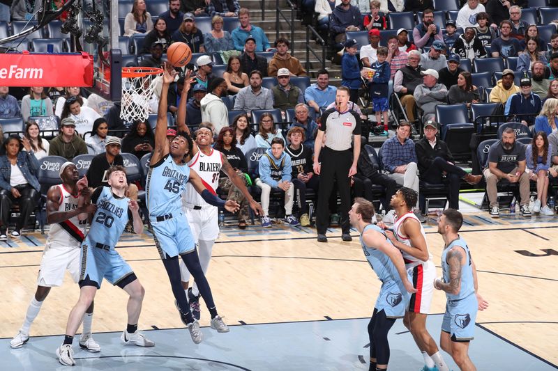 MEMPHIS, TN - MARCH 2: GG Jackson #45 of the Memphis Grizzlies grabs a rebound during the game against the Portland Trail Blazers on March 2, 2024 at FedExForum in Memphis, Tennessee. NOTE TO USER: User expressly acknowledges and agrees that, by downloading and or using this photograph, User is consenting to the terms and conditions of the Getty Images License Agreement. Mandatory Copyright Notice: Copyright 2024 NBAE (Photo by Joe Murphy/NBAE via Getty Images)