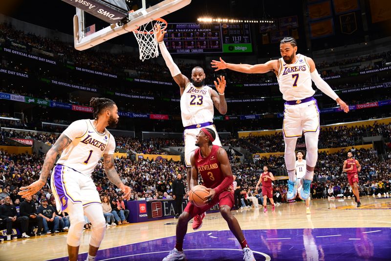 LOS ANGELES, CA - APRIL 6: Caris LeVert #3 of the Cleveland Cavaliers drives to the basket during the game against the Los Angeles Lakers on April 6, 2024 at Crypto.Com Arena in Los Angeles, California. NOTE TO USER: User expressly acknowledges and agrees that, by downloading and/or using this Photograph, user is consenting to the terms and conditions of the Getty Images License Agreement. Mandatory Copyright Notice: Copyright 2024 NBAE (Photo by Adam Pantozzi/NBAE via Getty Images)