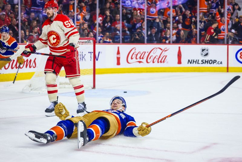 Jan 20, 2024; Calgary, Alberta, CAN; Edmonton Oilers left wing Zach Hyman (18) scores a goal against the Calgary Flames during the third period at Scotiabank Saddledome. Mandatory Credit: Sergei Belski-USA TODAY Sports