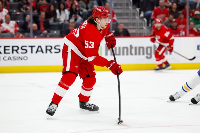 Mar 16, 2024; Detroit, Michigan, USA;  Detroit Red Wings defenseman Moritz Seider (53) skates with the puck in the third period against the Buffalo Sabres at Little Caesars Arena. Mandatory Credit: Rick Osentoski-USA TODAY Sports