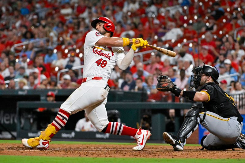 Sep 18, 2024; St. Louis, Missouri, USA;  St. Louis Cardinals catcher Ivan Herrera (48) hits a one run single against the Pittsburgh Pirates during the seventh inning at Busch Stadium. Mandatory Credit: Jeff Curry-Imagn Images