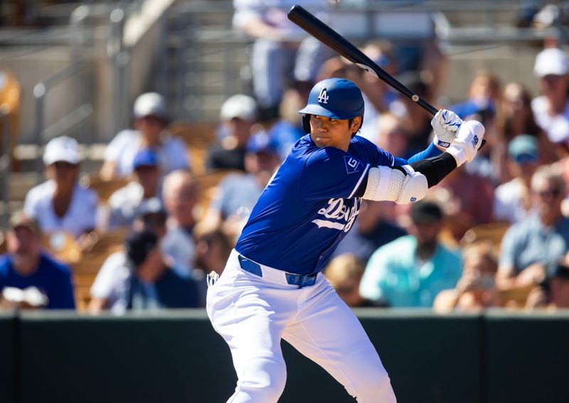 Mar 13, 2024; Phoenix, Arizona, USA; Los Angeles Dodgers designated hitter Shohei Ohtani against the Seattle Mariners during a spring training game at Camelback Ranch-Glendale. Mandatory Credit: Mark J. Rebilas-USA TODAY Sports