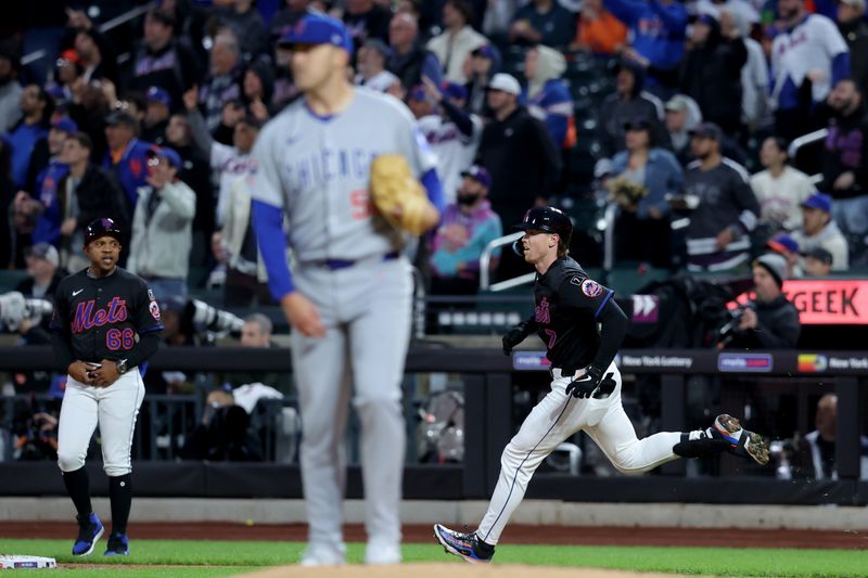 May 9, 2025; New York City, New York, USA; New York Mets third baseman Brett Baty (7) rounds the bases after hitting a solo home run against Chicago Cubs starting pitcher Jameson Taillon (50) during the second inning at Citi Field. Mandatory Credit: Brad Penner-Imagn Images