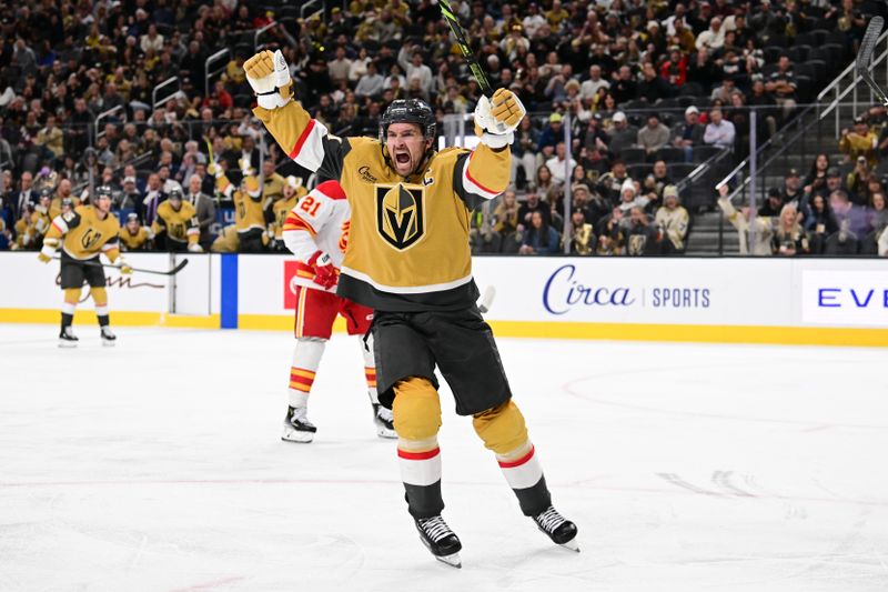 Oct 28, 2024; Las Vegas, Nevada, USA; Vegas Golden Knights right wing Mark Stone (61) celebrates his goal against the Calgary Flames in the second period at T-Mobile Arena. Mandatory Credit: Candice Ward-Imagn Images