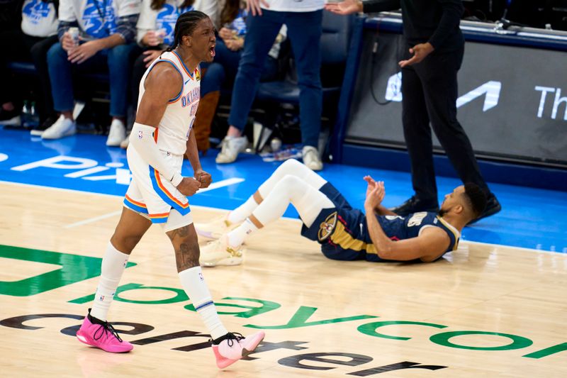 OKLAHOMA CITY, OKLAHOMA - APRIL 21: Jalen Williams #8 of the Oklahoma City Thunder reacts after a play against the New Orleans Pelicans during the second half in game one of the Western Conference First Round Playoffs at the Paycom Center on April 21, 2024 in Oklahoma City, Oklahoma. NOTE TO USER: User expressly acknowledges and agrees that, by downloading and or using this photograph, User is consenting to the terms and conditions of the Getty Images License Agreement. (Photo by Cooper Neill/Getty Images)