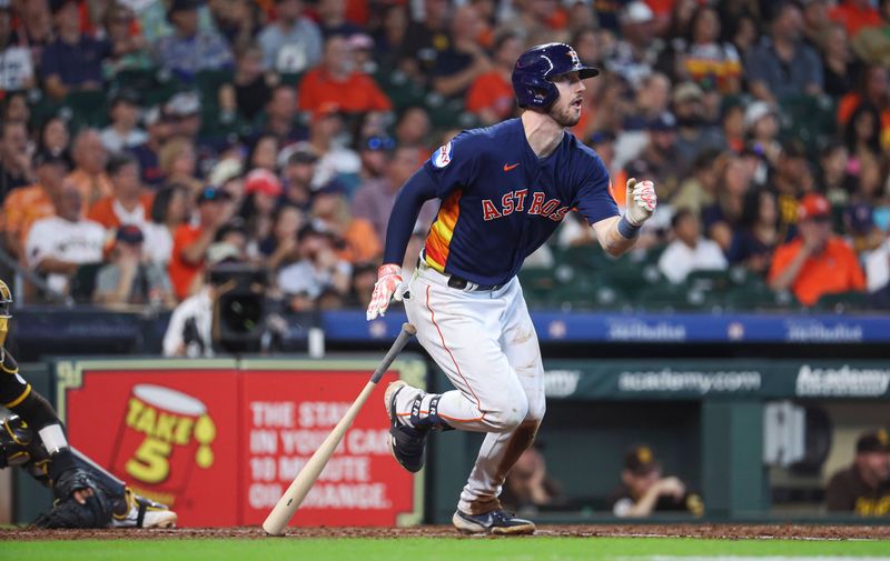 Sep 10, 2023; Houston, Texas, USA; Houston Astros right fielder Kyle Tucker (30) hits a triple during the sixth inning against the San Diego Padres at Minute Maid Park. Mandatory Credit: Troy Taormina-USA TODAY Sports