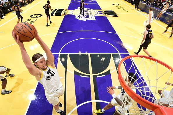 LOS ANGELES, CA - NOVEMBER 21:  Kelly Olynyk #41 of the Utah Jazz grabs the rebound during the game  during the in Season Tournament on November 21, 2023 at Crypto.Com Arena in Los Angeles, California. NOTE TO USER: User expressly acknowledges and agrees that, by downloading and/or using this Photograph, user is consenting to the terms and conditions of the Getty Images License Agreement. Mandatory Copyright Notice: Copyright 2023 NBAE (Photo by Adam Pantozzi/NBAE via Getty Images)