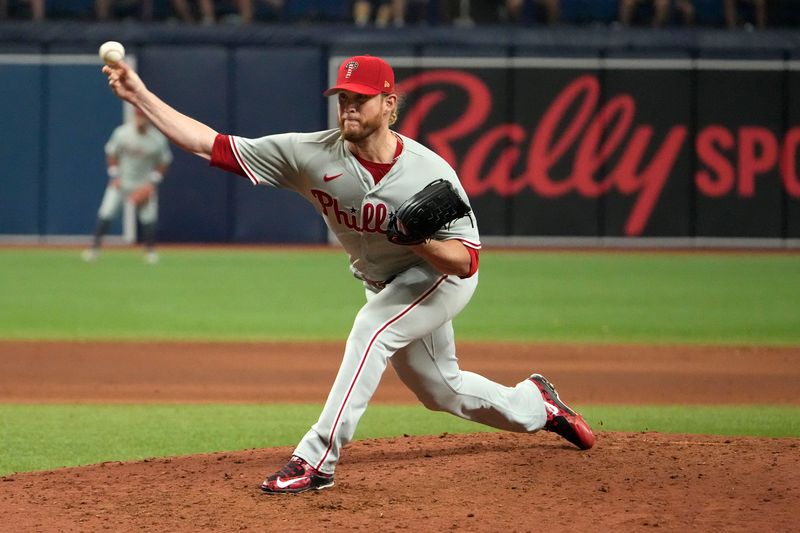 Jul 4, 2023; St. Petersburg, Florida, USA; Philadelphia Phillies relief pitcher Craig Kimbrel (31) throws a pitch against the Tampa Bay Rays during the ninth inning at Tropicana Field. Mandatory Credit: Dave Nelson-USA TODAY Sports