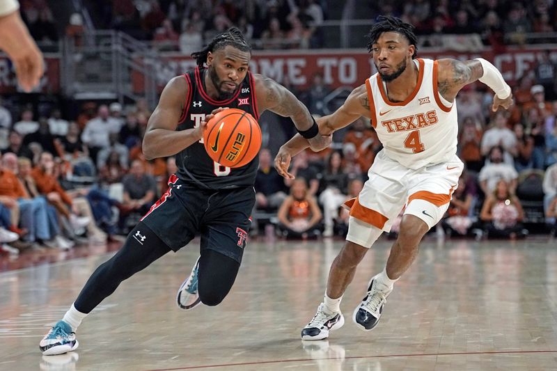 Jan 6, 2024; Austin, Texas, USA; Texas Tech Red Raiders guard Joe Toussaint (6) drives to the basket while defended by Texas Longhorns guard Tyrese Hunter (4) during the second half at Moody Center. Mandatory Credit: Scott Wachter-USA TODAY Sports