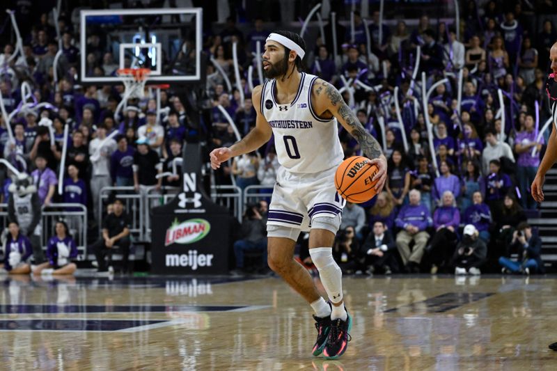 Jan 27, 2024; Evanston, Illinois, USA; Northwestern Wildcats guard Boo Buie (0) moves the ball against Ohio State Buckeyes during the second half  at Welsh-Ryan Arena. Mandatory Credit: Matt Marton-USA TODAY Sports