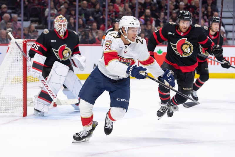 Oct 10, 2024; Ottawa, Ontario, CAN; Florida Panthers center Carter Verhaeghe (23) chases the puck in the second period against the Ottawa Senators at the Canadian Tire Centre. Mandatory Credit: Marc DesRosiers-Imagn Images