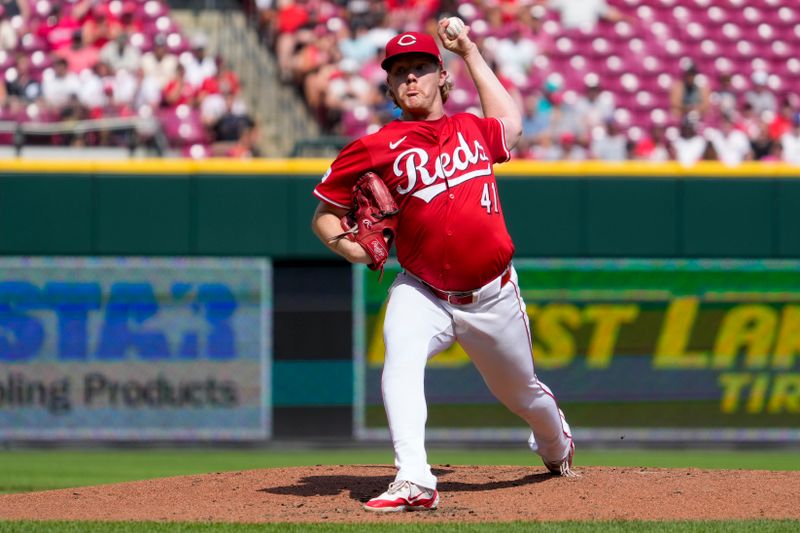 Jul 13, 2024; Cincinnati, Ohio, USA; Cincinnati Reds starting pitcher Andrew Abbott (41) throws a pitch in the second inning of the MLB National League game between the Cincinnati Reds and the Miami Marlins at Great American Ball Park in downtown Cincinnati on Saturday, July 13, 2024. 
Mandatory Credit: Sam Greene-The Cincinnati Enquirer-USA TODAY Sports